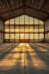 Abandoned warehouse interior sunset light