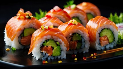 Gourmet salmon sushi rolls served on a black plate with garnishes, ready for a fine dining experience