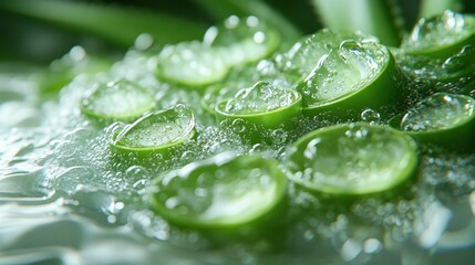 A close-up of a fresh-cut aloe vera plant with clear gel oozing from the leaf, ultra-realistic textures