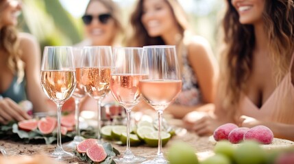 Elegant glasses of refreshing rose wine served outdoors with fresh citrus fruits during summer party gathering, friends enjoying drinks in warm sunlight atmosphere
