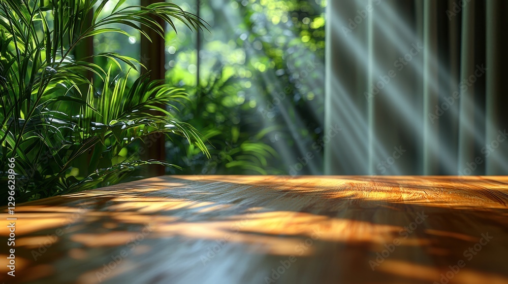 Poster simple table featuring a green plant in the background adding a touch of nature to the setting