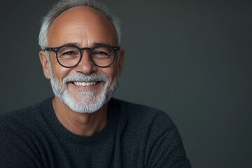 Obraz premium Portrait of a happy, smiling senior man with glasses and a beard, looking at the camera against a grey background