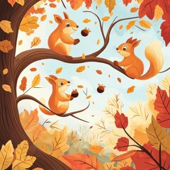 Fototapeta premium A pair of squirrels collecting acorns in a colorful autumn forest, surrounded by falling leaves and golden hues.