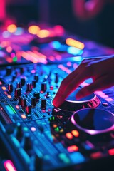 DJ Mixing Tracks with Focus, Blurred Dancing Hands and Glowing LED Screens
