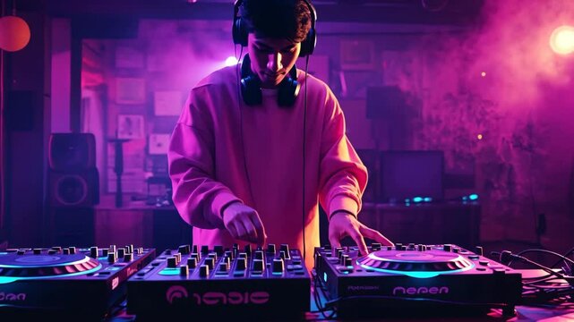 DJ guy against swirling pink smoke and illuminated neon lights on stage. Electronic music mixing turntable equipment. Ethereal lighting captivating atmosphere. Live performance, nightlife night club.