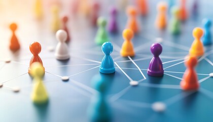 Business organizational structure with colorful figures, hierarchical departments, teams connected by lines, illustrating workflow, management, and company structure