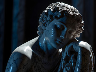 A majestic marble sculpture representing Hypatia. The figure has a thoughtful expression, with one hand resting on the chin. Detailed curly hair and a sculpted beard give a sense of wisdom.