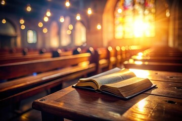 Bokeh Church Bench Bible: AI Generated Photo of Holy Book on Empty Pew