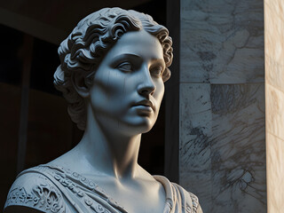 A majestic marble sculpture representing Hypatia. The figure has a thoughtful expression, with one hand resting on the chin. Detailed curly hair and a sculpted beard give a sense of wisdom.