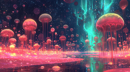 Cosmic Jellyfish Floating in a Surreal Galaxy