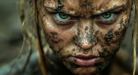 Close-up of a woman's face covered in mud, with an angry expression