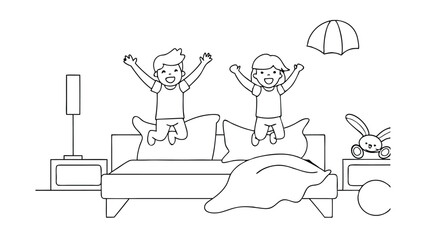 Happy Children Joyfully Jumping on Bedroom Bed Indoors