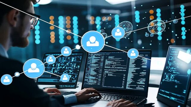 A professional in a cybernetic control room, managing international system stability via a powerful AI-driven laptop interface. Holograms of server repairs float around. Global mai