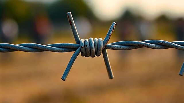 Closeup barbed wire fence in a field
