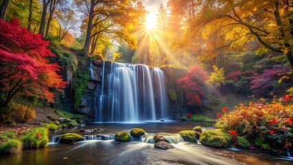 Dense foliage and vibrant autumn flowers surround a serene waterfall in a forest landscape with warm sunlight filtering through the trees, foliage, leaves