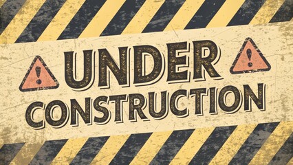 A warning sign indicating that an area is under construction, featuring bold text and caution symbols against a striped yellow and black background.