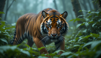 A Bengal Tiger Walking Through a Misty Jungle