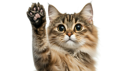 A cat with a paw raised in the air, looking at the camera