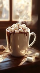 A cozy winter scene with a steaming mug of hot chocolate topped with marshmallows by a window.