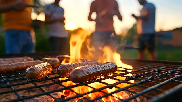 A vibrant South African braai gathering, where boerewors sizzles on the hot grill. The fire crackles as guests enjoy the smoky aroma of the outdoor feast. Summertime cookout scene.