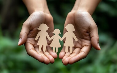 Hands holding paper family cutout, symbolizing love and support for foster families, homeless children, mental health struggles, financial stability, economic recession