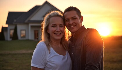 Obraz premium a young couple standing in front of a house during sunset.