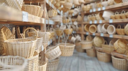 Wooden Baskets Displayed on Shelves in Artisan Basket Shop