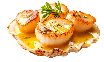 Exquisite Seared Scallops with Saffron Sauce on Plate Isolate on Transparent Background, cutout, png