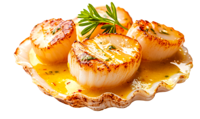 Exquisite Seared Scallops with Saffron Sauce on Plate Isolate on Transparent Background, cutout, png