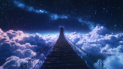 Illuminated suspension bridge extending to a starry night sky above clouds. Mystical Celestial Bridge. Illustration