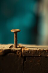 a rusty nail stuck into the worn and cracked wall 