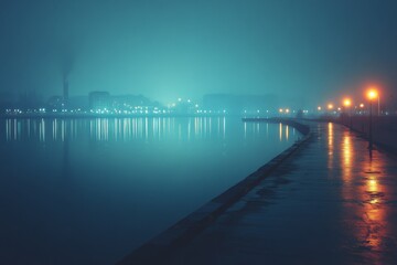 Fototapeta premium Misty waterfront scene with a calm reflection of city lights on the water