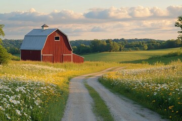 Obraz premium Scenic view of a red barn along a dirt path surrounded by green fields