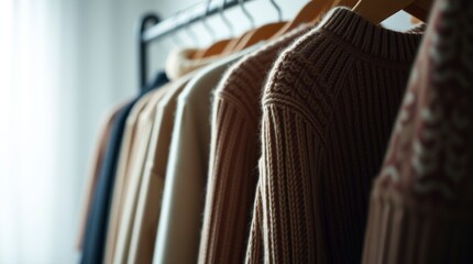 Art photograph of a rack with warm sweaters on a light background