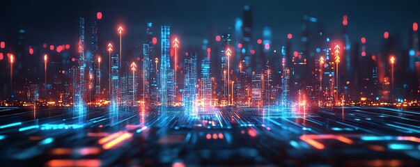 Obraz premium Silver tray holding a futuristic digital city, glowing arrows ascending, neon cityscape, cyberpunk technology, vibrant future