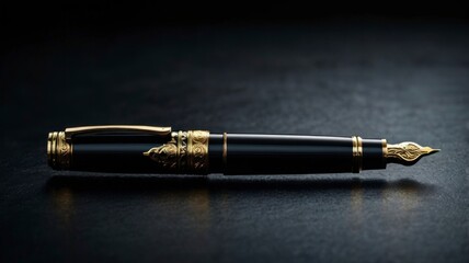 A luxurious modern fountain pen with a dark background 