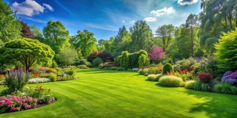A lush green lawn with fresh cuts, surrounded by trees and flowers, on a sunny day , fresh cut grass, outdoors