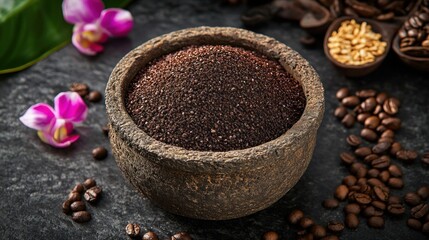 Ground Coffee in Stone Bowl with Beans and Orchid Flowers