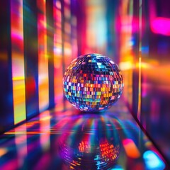 Fototapeta premium A prism-lit disco ball in a colorful abstract space, reflecting vibrant light and creating a surreal atmosphere.