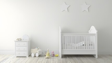Minimalist Nursery Interior Featuring A White Crib And Decorative Stars On The Wall