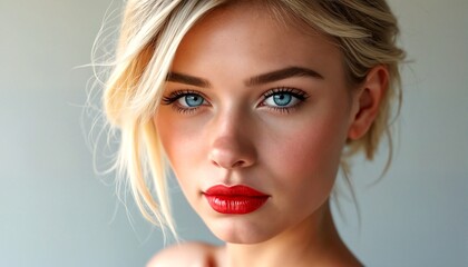 Fototapeta premium A close-up portrait of a young woman with blonde hair and blue eyes.