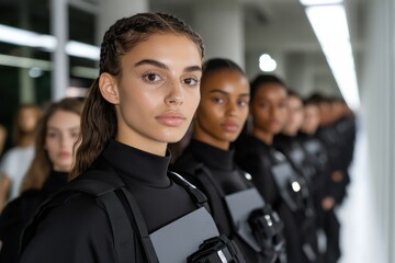 Obraz premium A row of fashion models dressed in sleek black outfits prepares for a runway show, showcasing modern design and bold style in an urban setting, exuding confidence and poise.