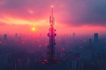 Sunset view of a communication tower with glowing cityscape in background