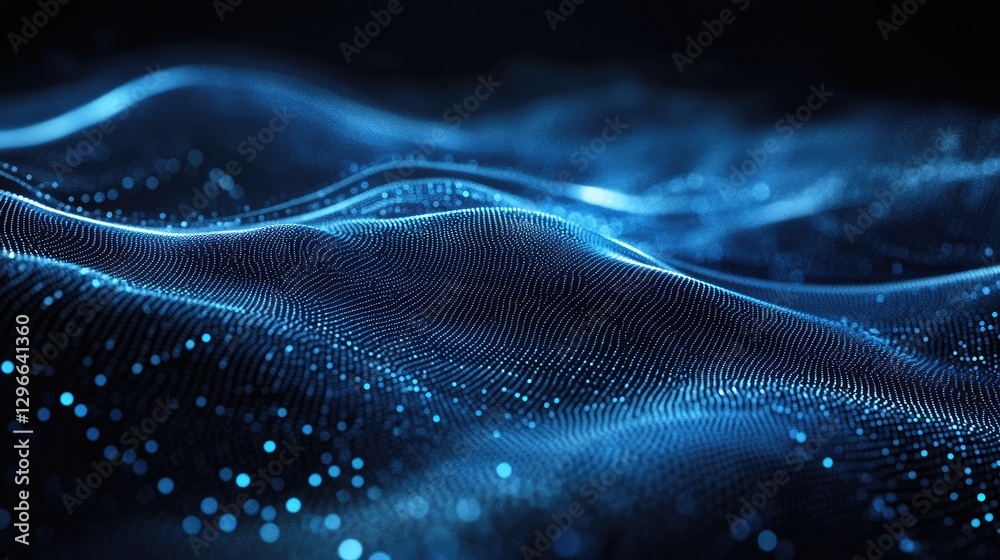 Poster Abstract futuristic background with glowing blue digital waves made of dots, creating a dynamic and high-tech effect. Ideal for technology, AI, and innovation themes