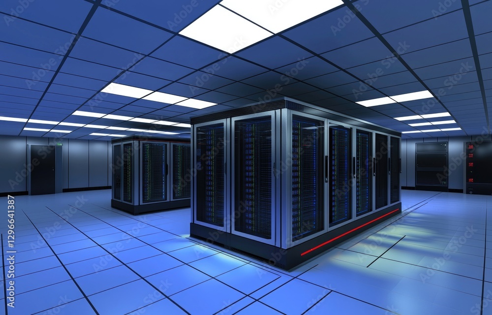 Poster a modern data center with sleek server racks, glowing blue lights, and a clean, high-tech environmen