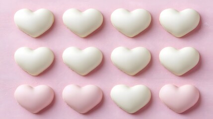 Fototapeta premium Heart Shaped Cookies With White And Pink Frosting Arranged Neatly On A Pink Background