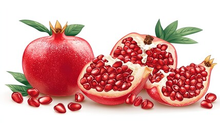 Fresh Red Pomegranate Fruits with Sliced Halves and Vibrant Green Leaves on White Background