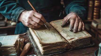 A person writing in an old weathered book with a quill pen