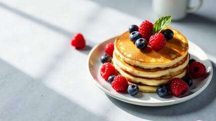 A delightful stack of fluffy pancakes, adorned with fresh raspberries and blueberries, bathed in sunlight on a plate.