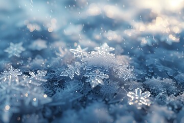 Close-up view of delicate snowflakes resting on a cold surface, shimmering in the light.
